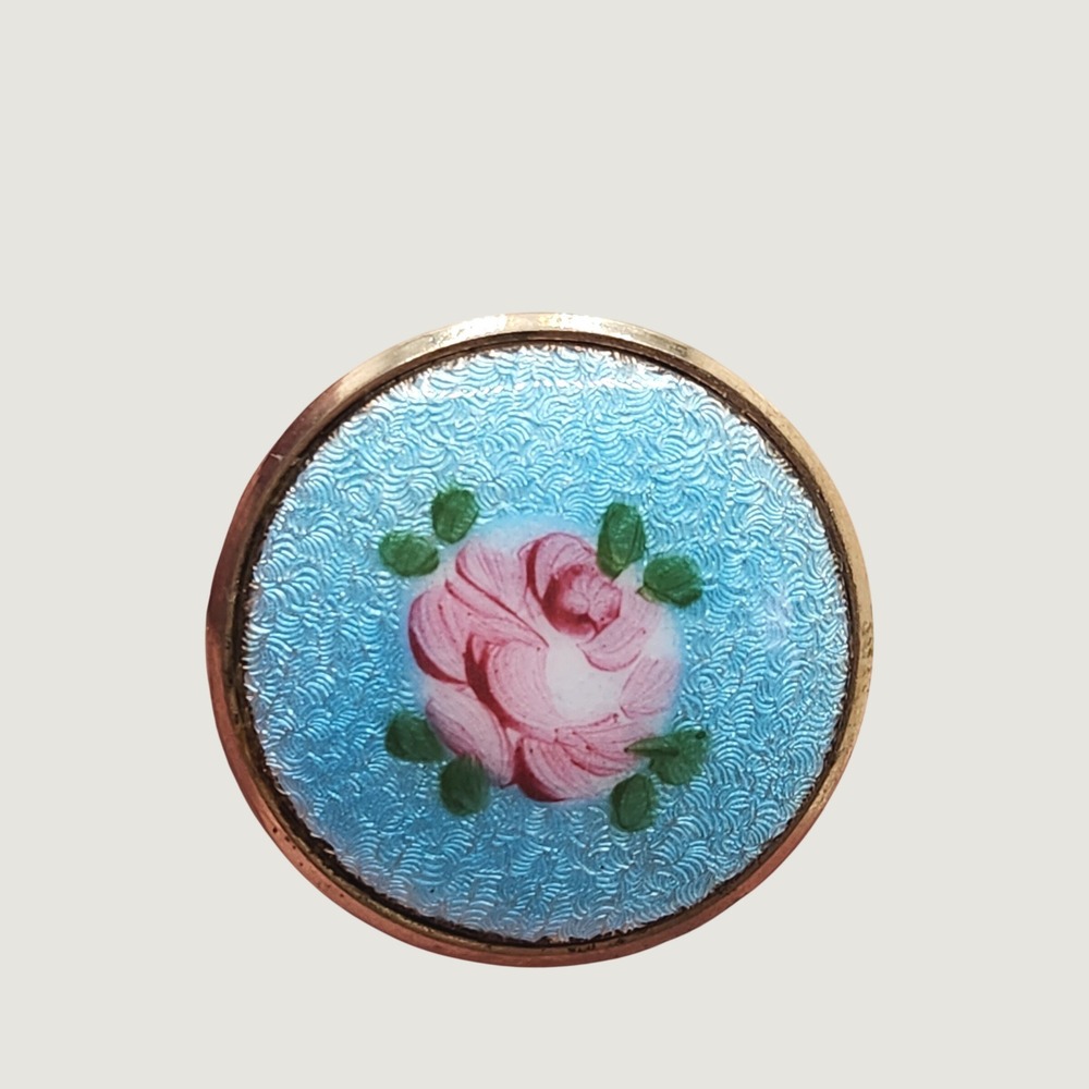 Vintage Rose Guilloche Enamel Brooch Blue Floral Cottagecore Victorian Style